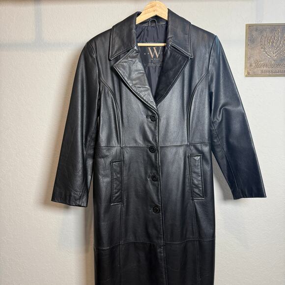 Women's Winlit Long Black 100% Leather Button Front Coat Size Medium - Picture 3 of 9